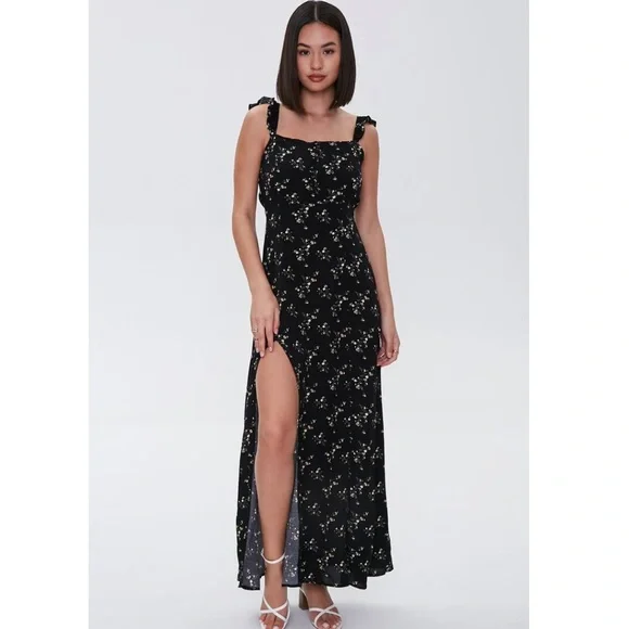 knee length dresses for ladies Lace-Trim Satin Floral Maxi Dress main image 1